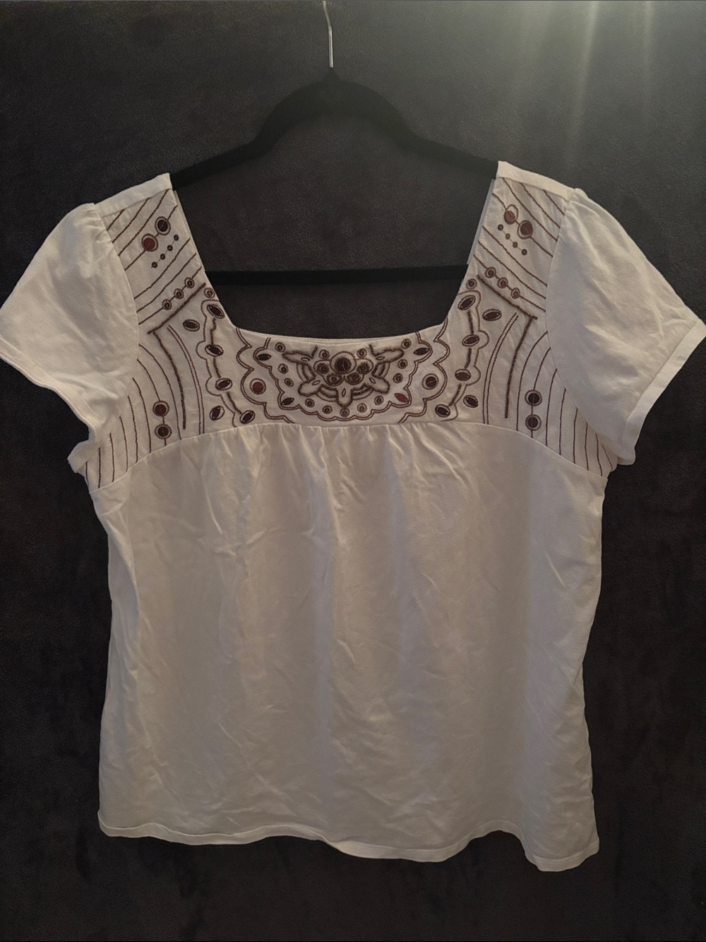 Embroidered Square-Neck Cotton Top - White with Brown Detail - Picture 1 of 7